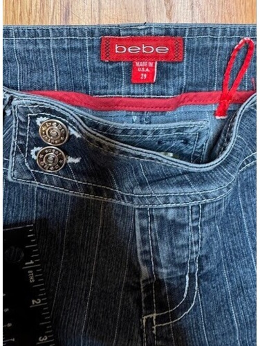 Bebe Y2K Low Rise Pinstripe Flare Jeans Sz 29 Vintage - Picture 3 of 8